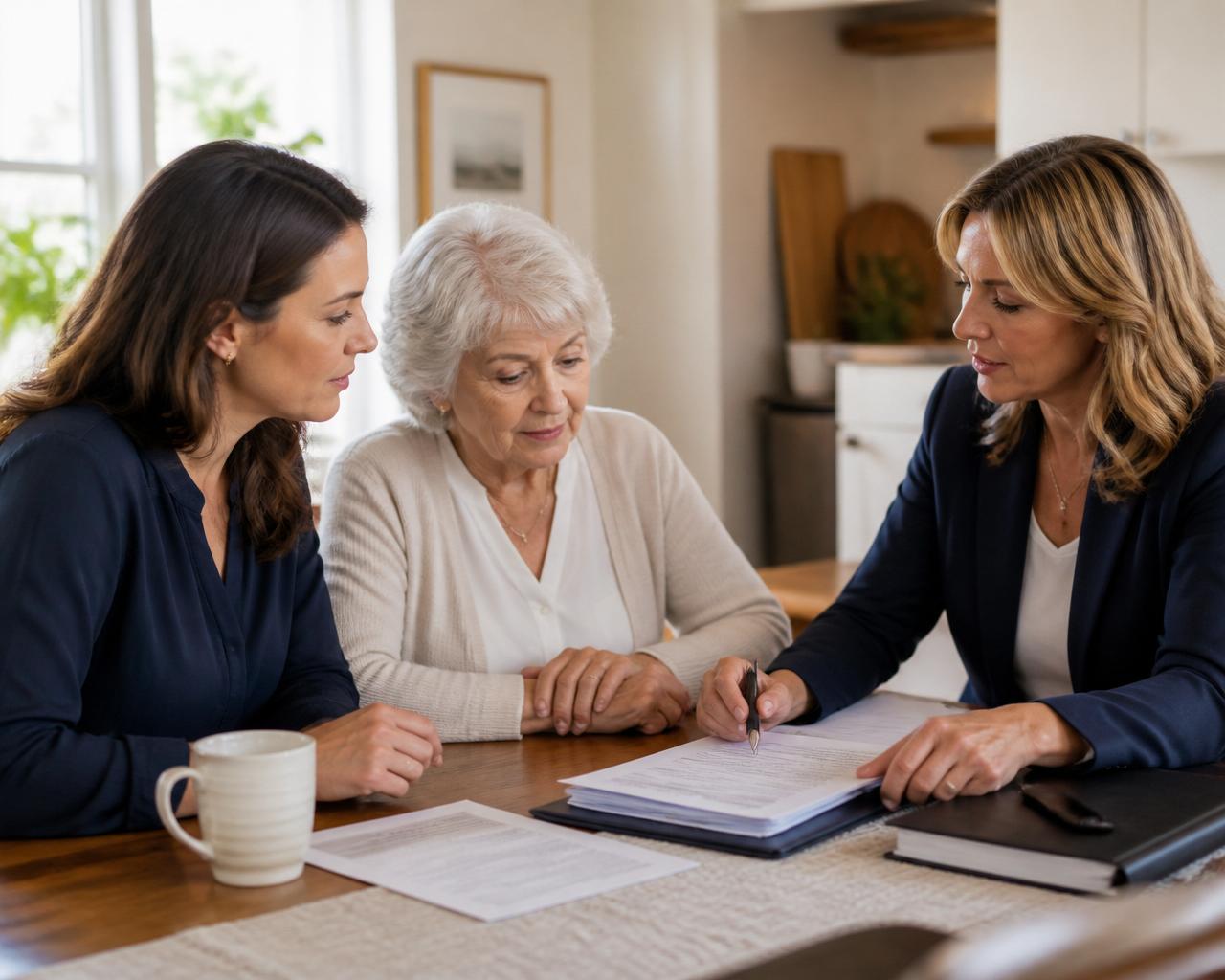 Family reviewing Medicaid application paperwork with eldercare coordinator